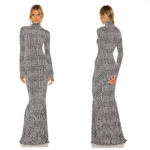 Norma Kamali Turtle Fishtail Gown in Large Glen Plaid Tweed XS